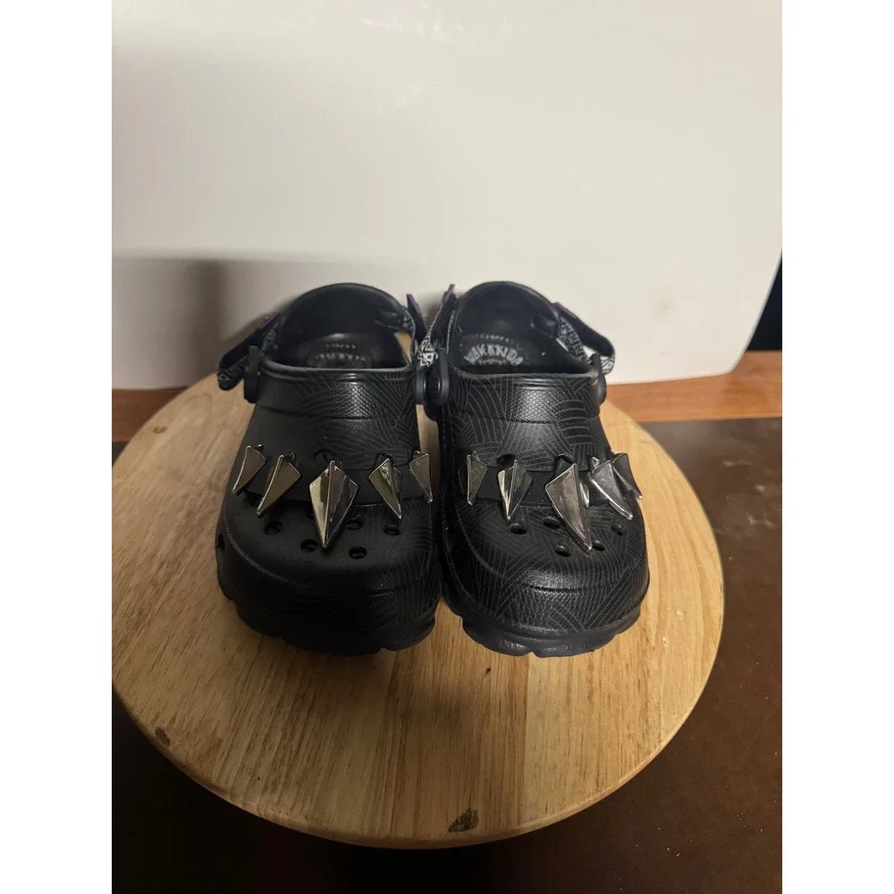 Kids Black Panther‎ Crocs with Spiked Charms Size 12